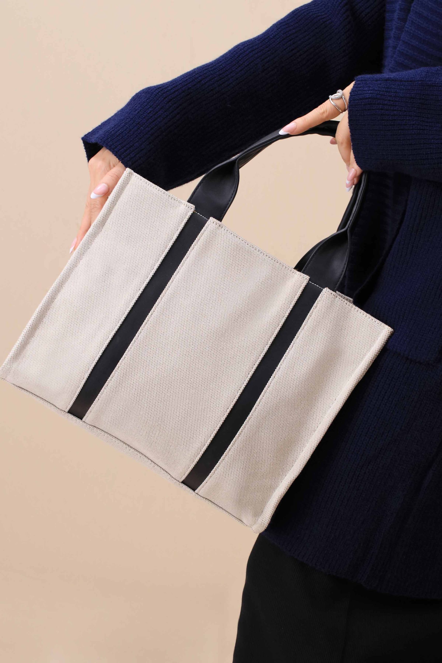 Beige & Black Tote Bag-444702103 - Image 5