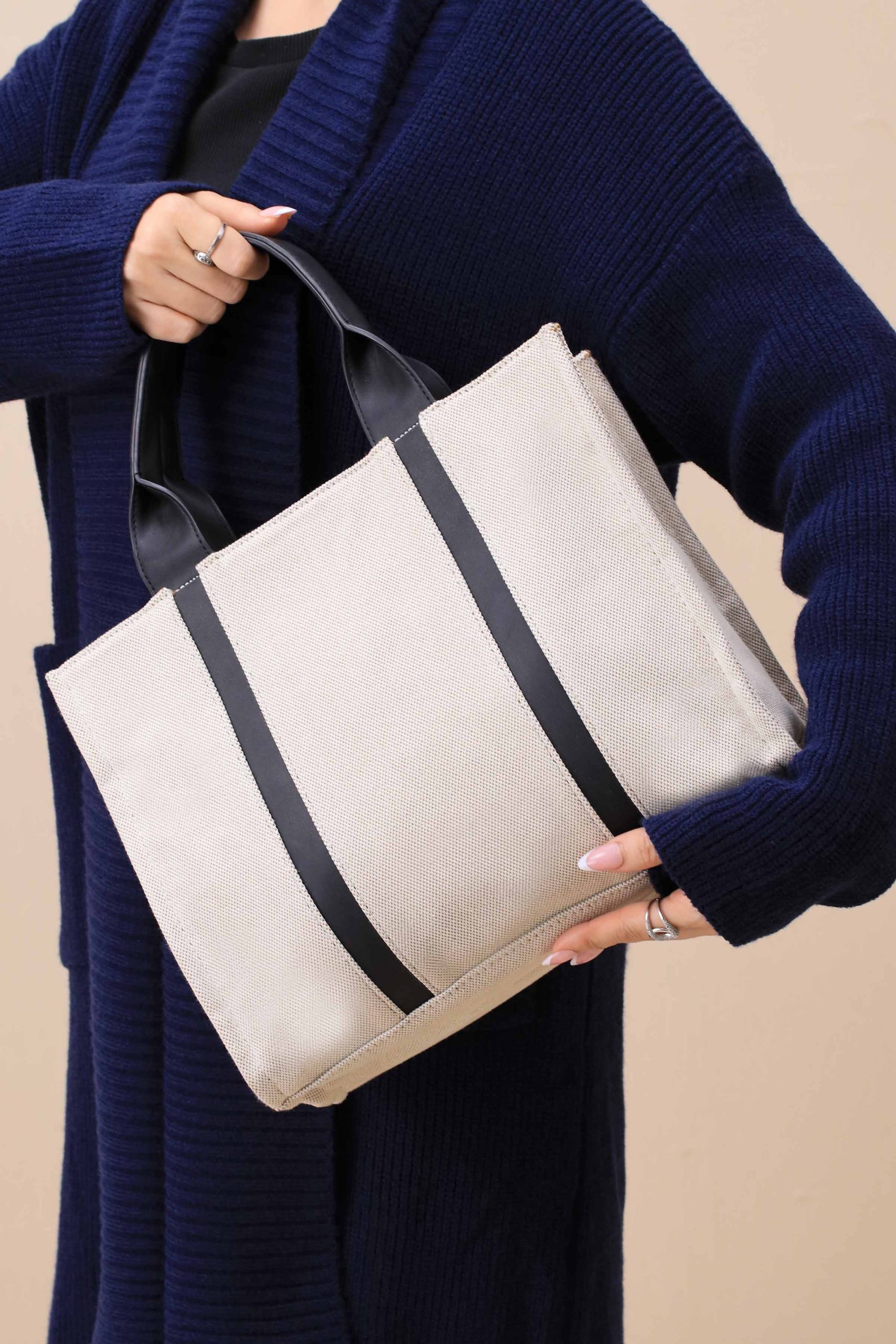 Beige & Black Tote Bag-444702103 - Image 4