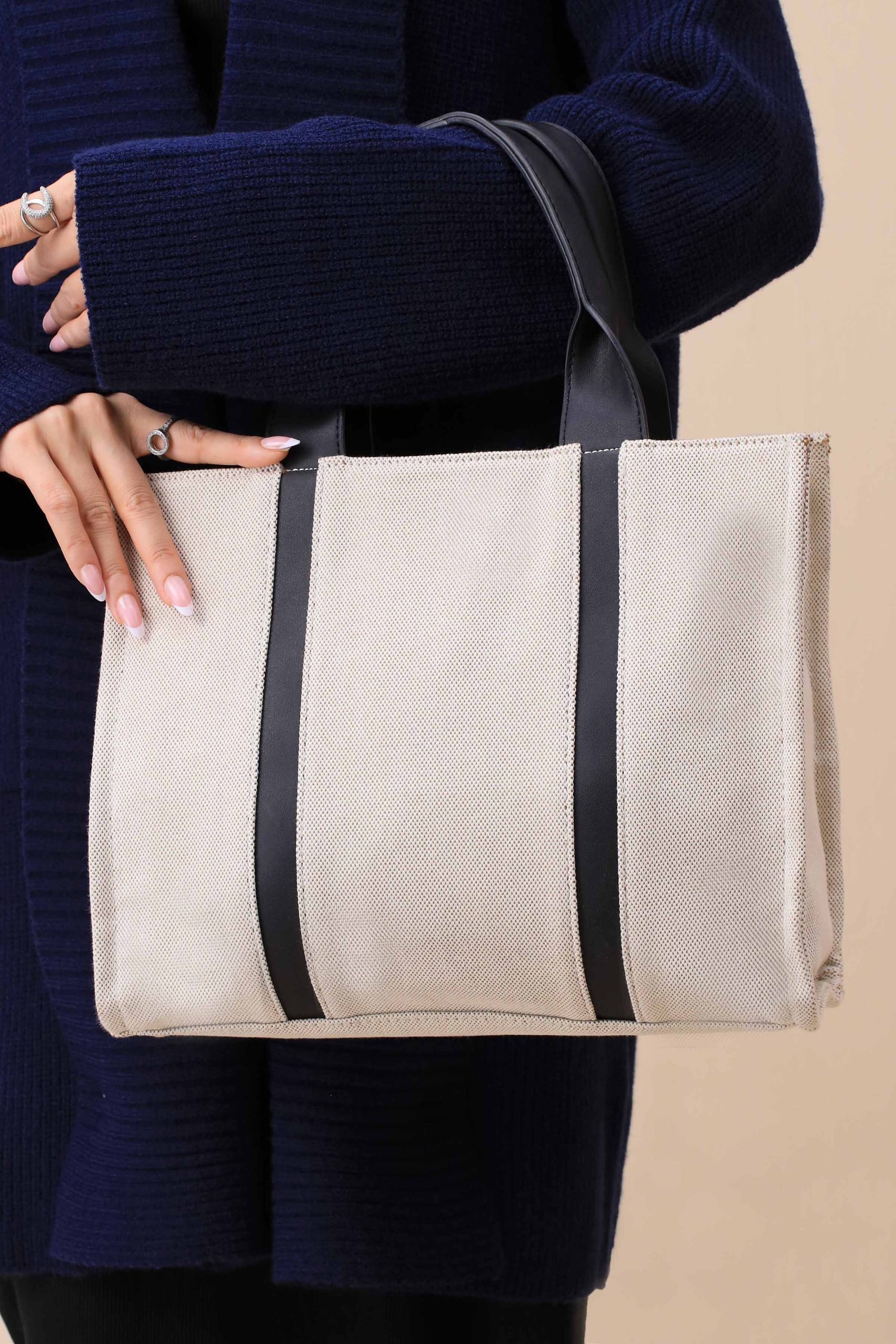 Beige & Black Tote Bag-444702103 - Image 2