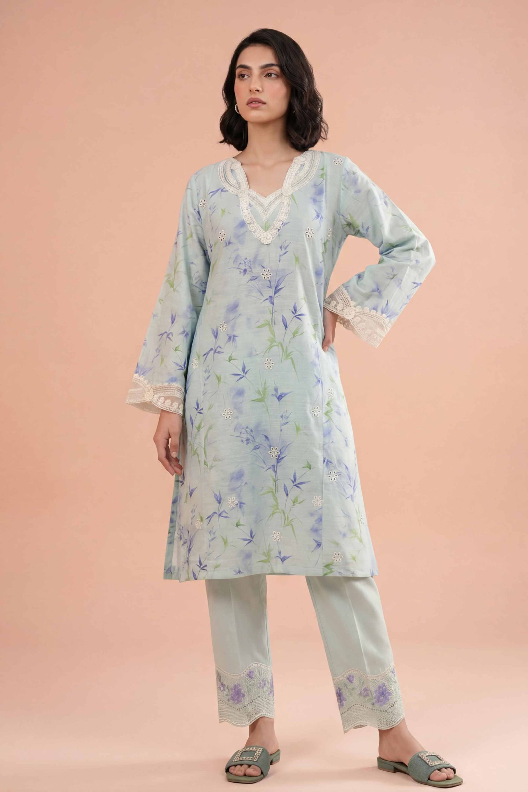 2 Piece - Printed Embroidered Suit - PE26-227