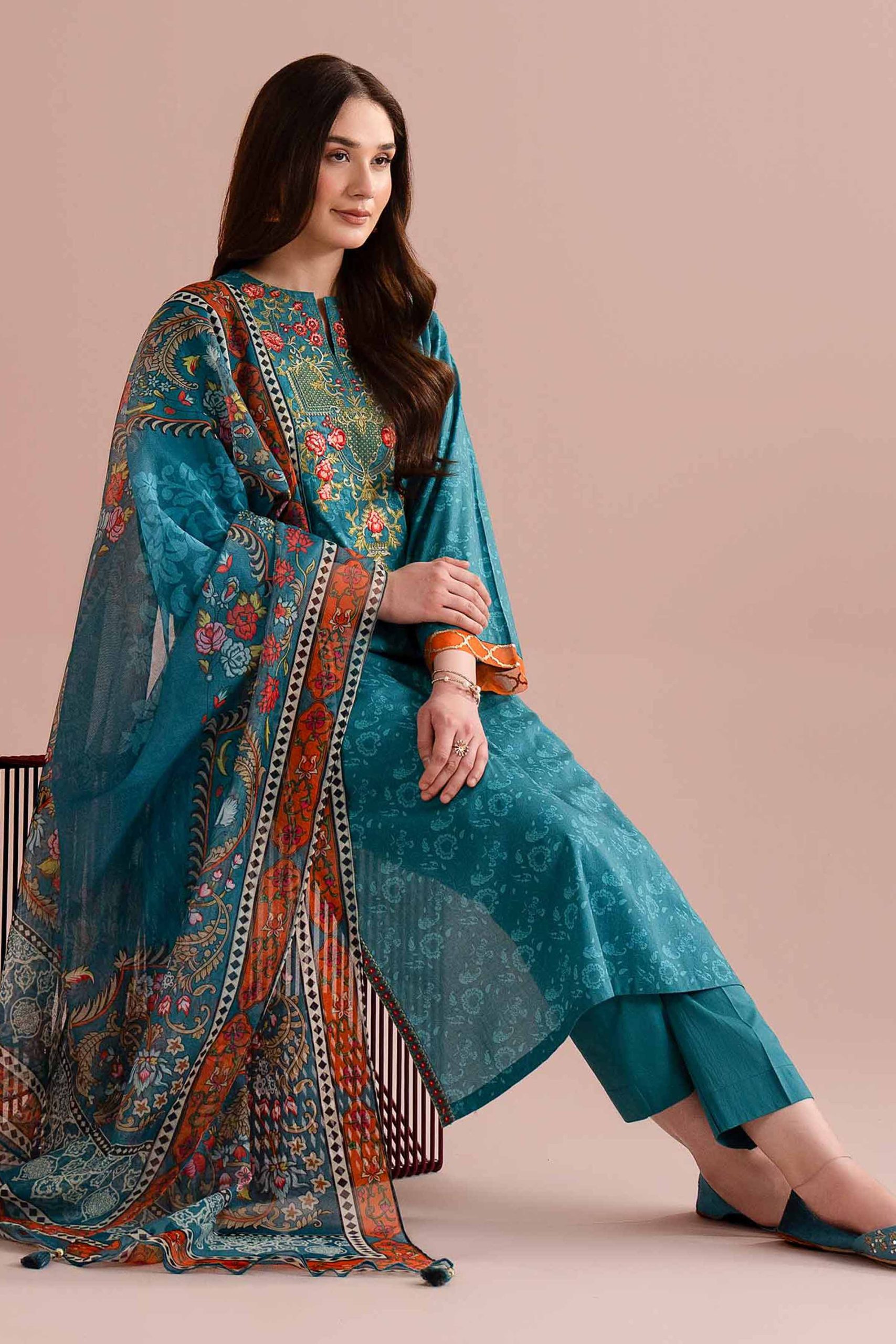 3 Piece - Printed Embroidered Suit - PE26-328 - Image 2