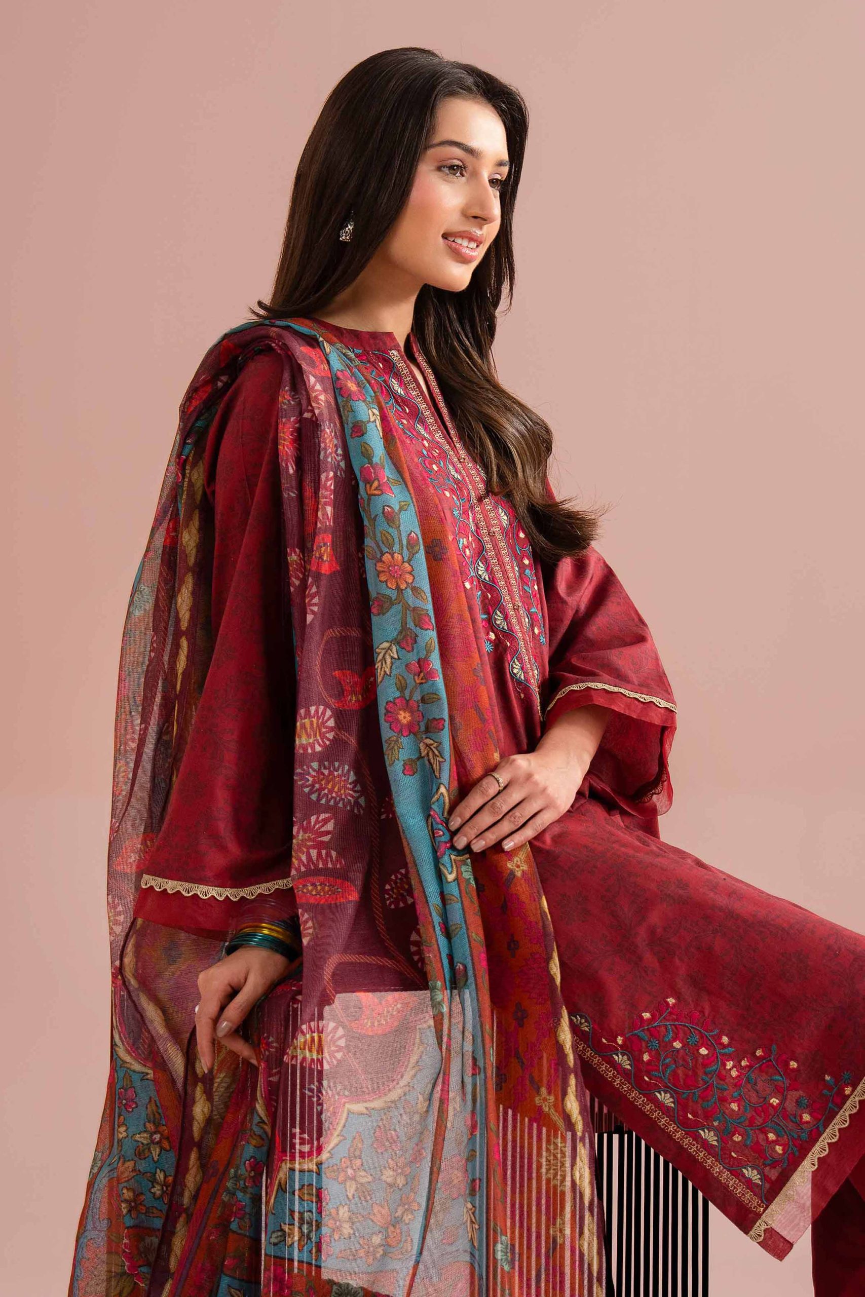 3 Piece - Printed Embroidered Suit - PE26-332 - Image 2